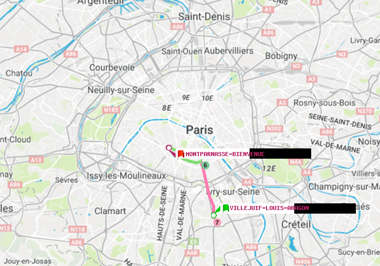 plan itinéraire ratp de Villejuif-Louis Aragon à Montparnasse-Bienvenue