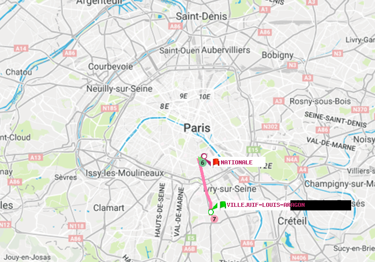 plan itinéraire ratp de Villejuif-Louis Aragon à Nationale