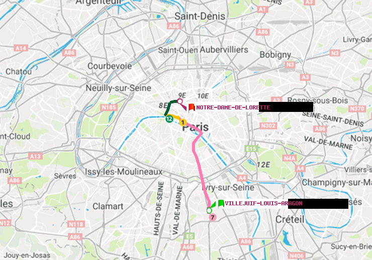 plan itinéraire ratp de Villejuif-Louis Aragon à Notre-Dame de Lorette