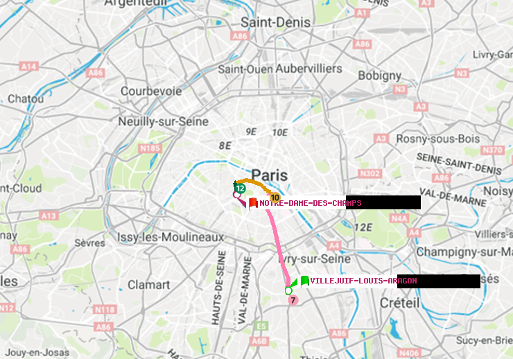 plan itinéraire ratp de Villejuif-Louis Aragon à Notre-Dame des Champs