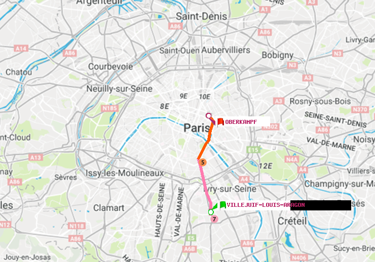plan itinéraire ratp de Villejuif-Louis Aragon à Oberkampf