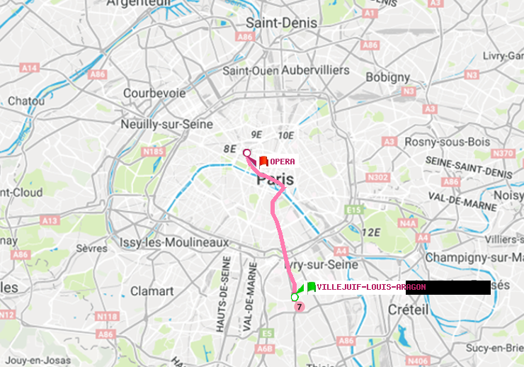 plan itinéraire ratp de Villejuif-Louis Aragon à Opéra