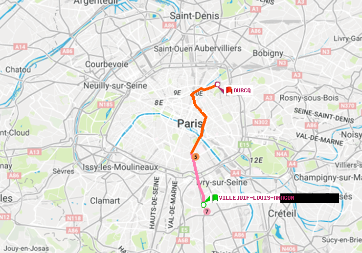 plan itinéraire ratp de Villejuif-Louis Aragon à Ourcq