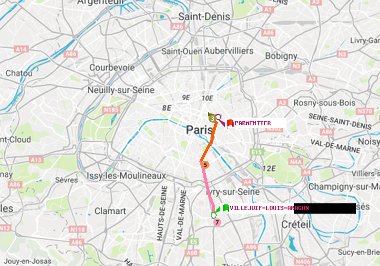 plan itinéraire ratp de Villejuif-Louis Aragon à Parmentier