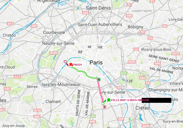 plan itinéraire ratp de Villejuif-Louis Aragon à Passy