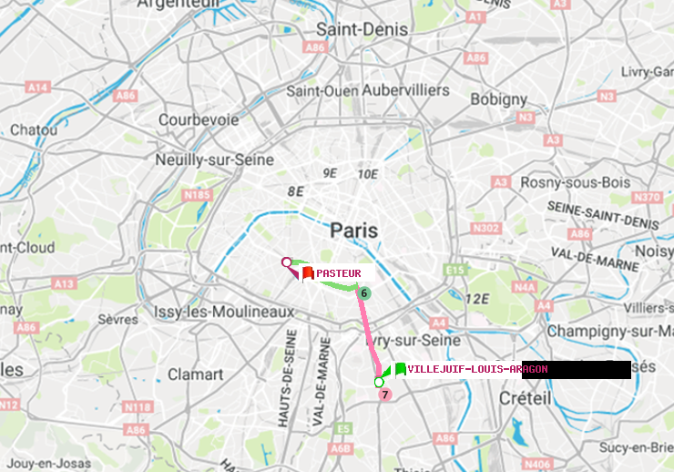 plan itinéraire ratp de Villejuif-Louis Aragon à Pasteur