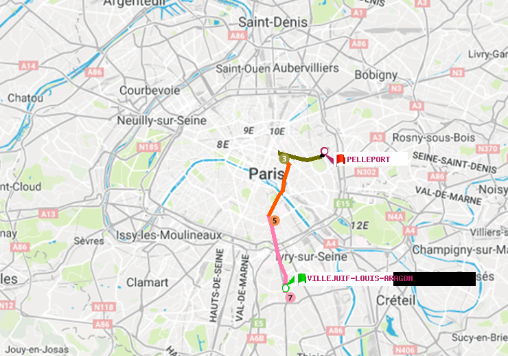 plan itinéraire ratp de Villejuif-Louis Aragon à Pelleport