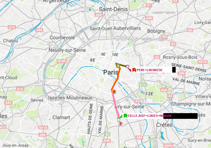 plan itinéraire ratp de Villejuif-Louis Aragon à Père-Lachaise