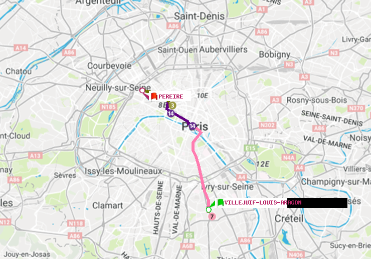 plan itinéraire ratp de Villejuif-Louis Aragon à Péreire