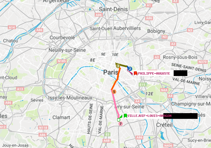 plan itinéraire ratp de Villejuif-Louis Aragon à Philippe Auguste