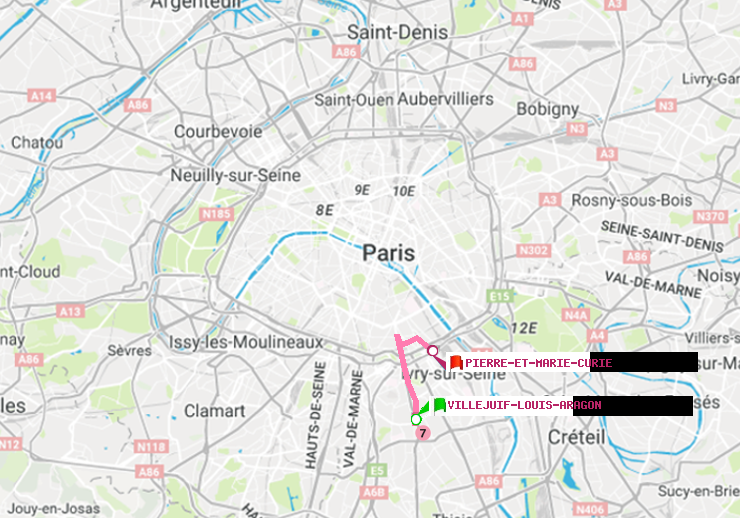 plan itinéraire ratp de Villejuif-Louis Aragon à Pierre et Marie Curie
