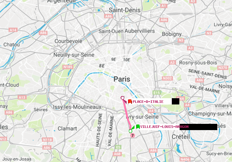 plan itinéraire ratp de Villejuif-Louis Aragon à Place d