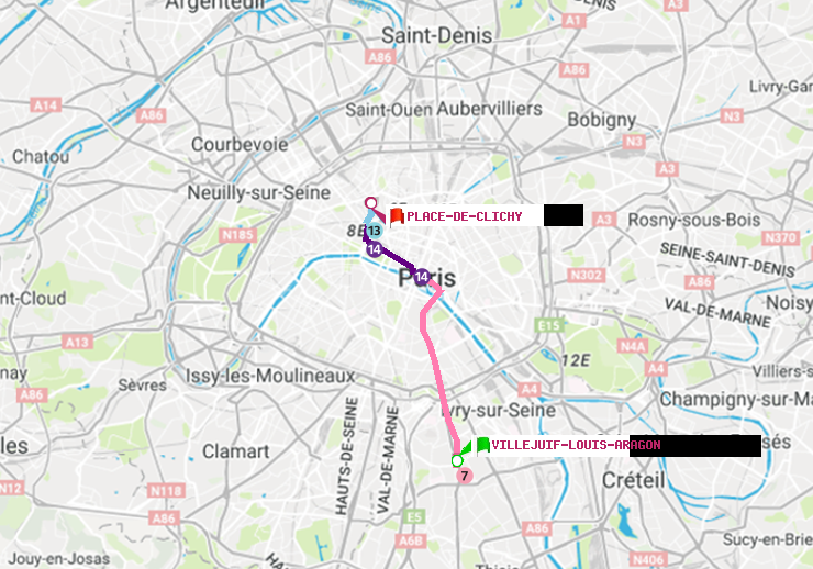 plan itinéraire ratp de Villejuif-Louis Aragon à Place de Clichy