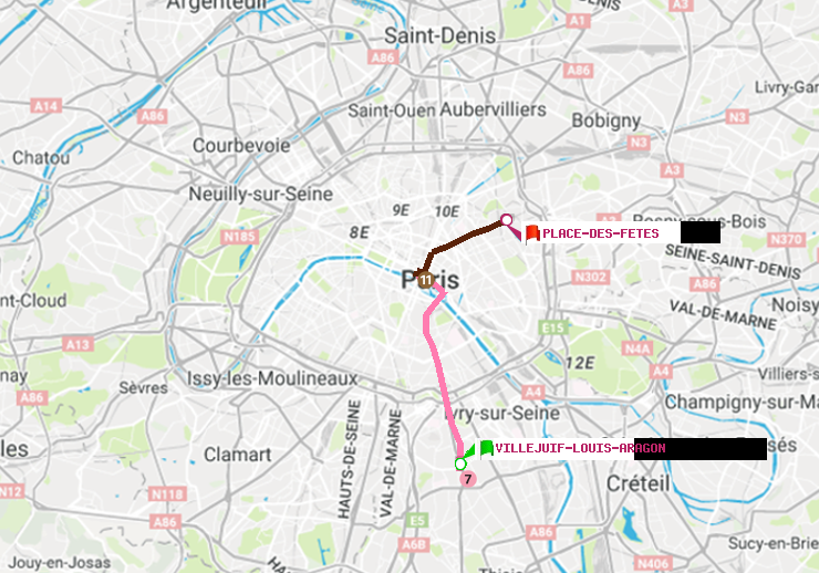 plan itinéraire ratp de Villejuif-Louis Aragon à Place des Fêtes