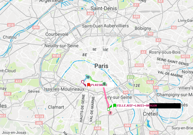 plan itinéraire ratp de Villejuif-Louis Aragon à Plaisance