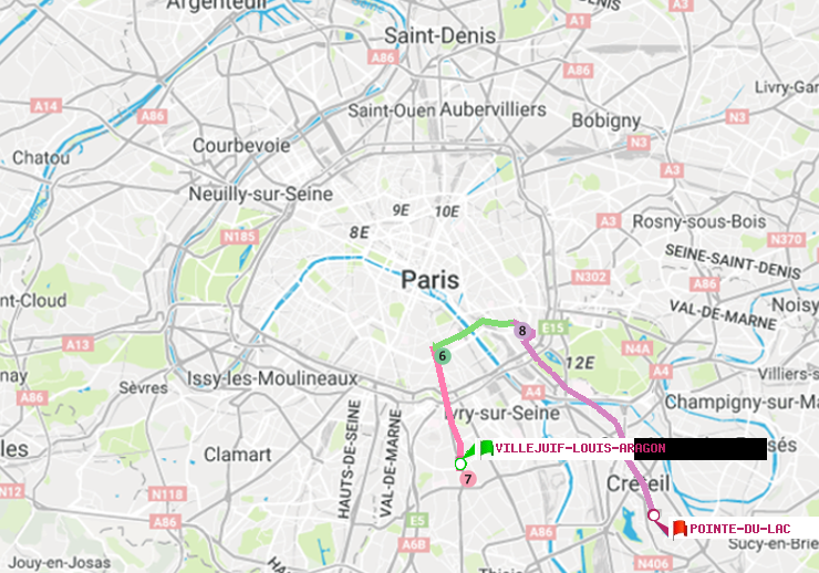 plan itinéraire ratp de Villejuif-Louis Aragon à Pointe du Lac