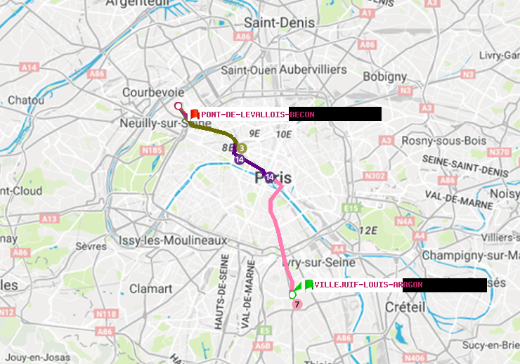 plan itinéraire ratp de Villejuif-Louis Aragon à Pont de Levallois-Bécon