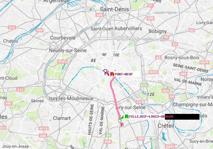plan itinéraire ratp de Villejuif-Louis Aragon à Pont Neuf