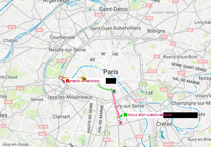 plan itinéraire ratp de Villejuif-Louis Aragon à Porte d