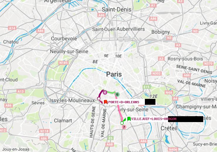 plan itinéraire ratp de Villejuif-Louis Aragon à Porte d