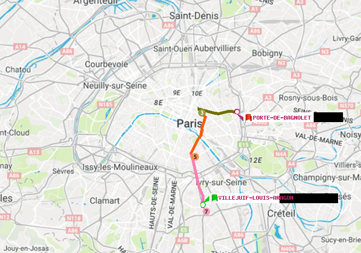 plan itinéraire ratp de Villejuif-Louis Aragon à Porte de Bagnolet
