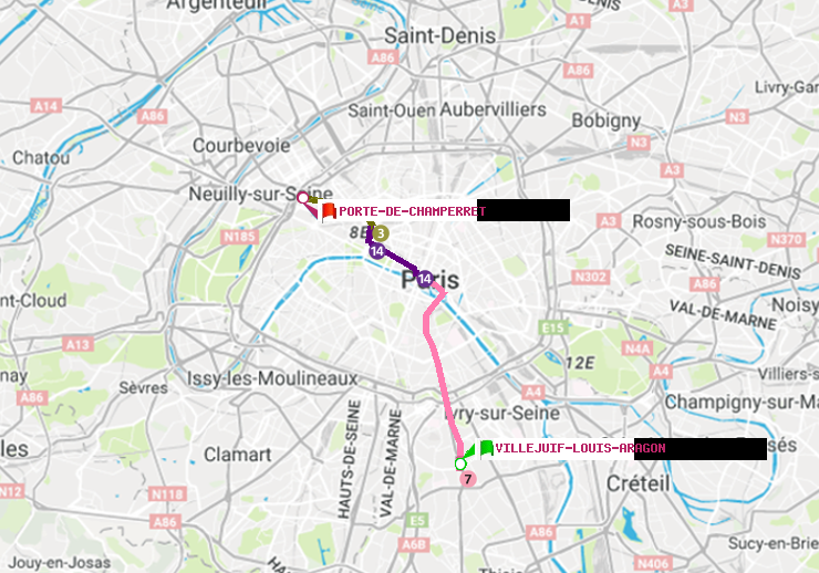 plan itinéraire ratp de Villejuif-Louis Aragon à Porte de Champerret