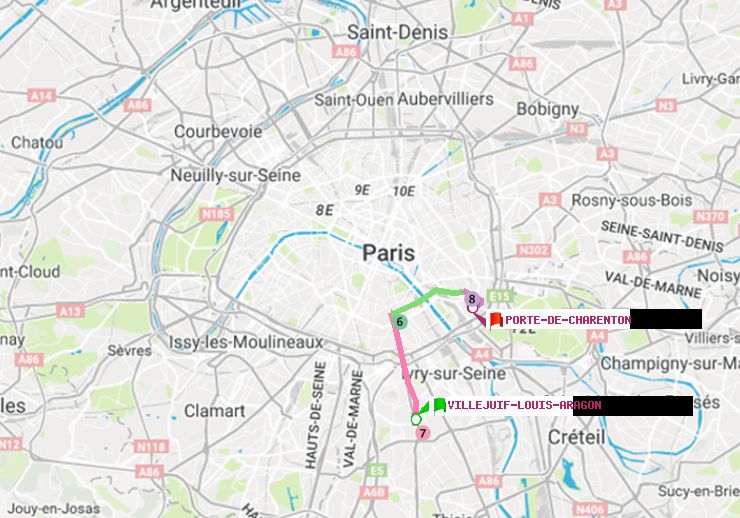 plan itinéraire ratp de Villejuif-Louis Aragon à Porte de Charenton