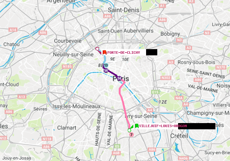 plan itinéraire ratp de Villejuif-Louis Aragon à Porte de Clichy