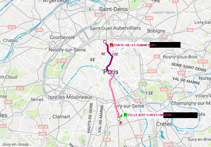 plan itinéraire ratp de Villejuif-Louis Aragon à Porte de Clignancourt