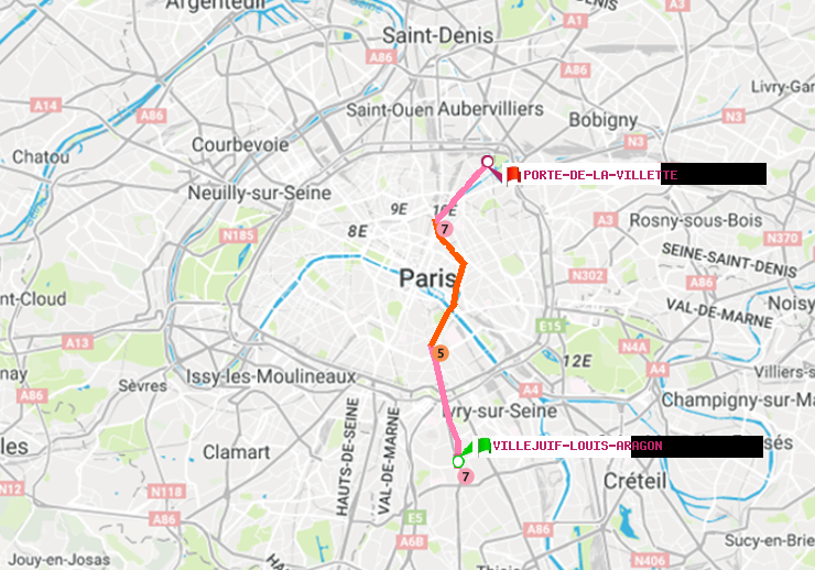 plan itinéraire ratp de Villejuif-Louis Aragon à Porte de la Villette