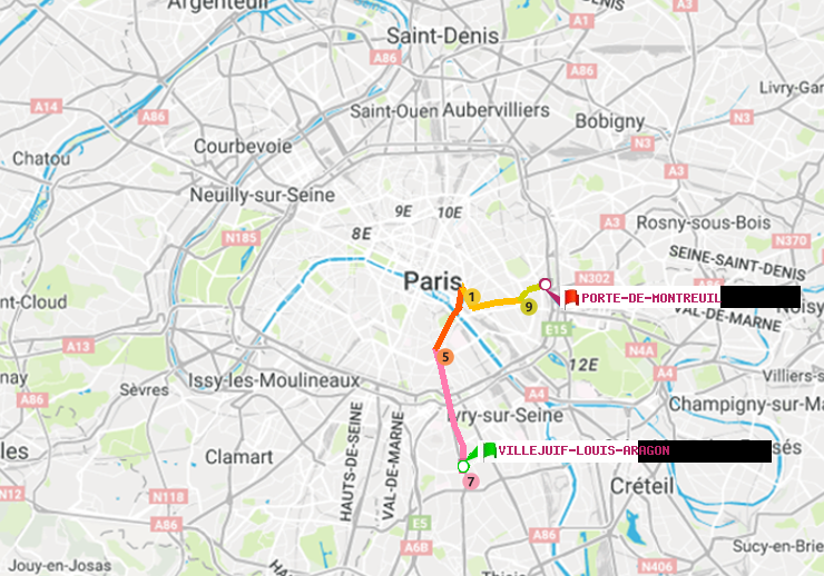 plan itinéraire ratp de Villejuif-Louis Aragon à Porte de Montreuil