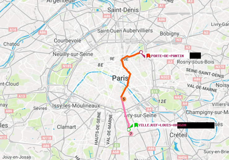 plan itinéraire ratp de Villejuif-Louis Aragon à Porte de Pantin