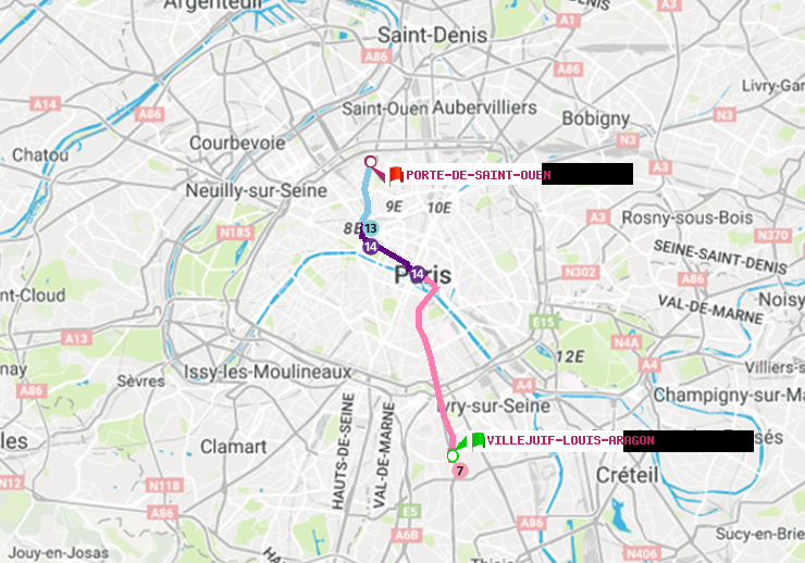 plan itinéraire ratp de Villejuif-Louis Aragon à Porte de Saint-Ouen
