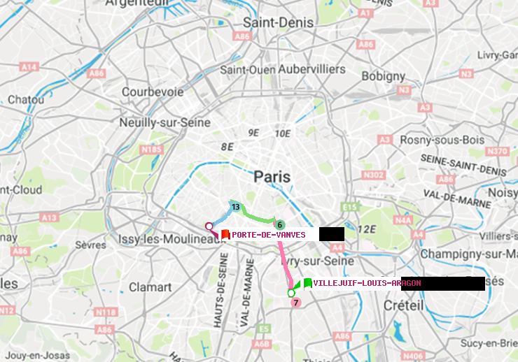 plan itinéraire ratp de Villejuif-Louis Aragon à Porte de Vanves