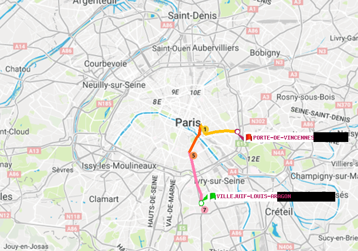 plan itinéraire ratp de Villejuif-Louis Aragon à Porte de Vincennes