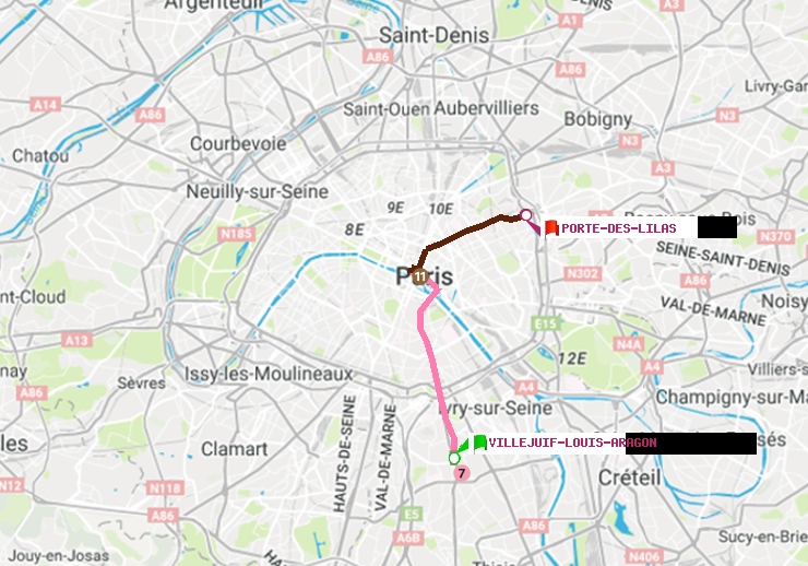plan itinéraire ratp de Villejuif-Louis Aragon à Porte des Lilas