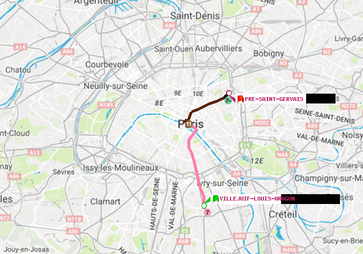 plan itinéraire ratp de Villejuif-Louis Aragon à Pré-Saint-Gervais