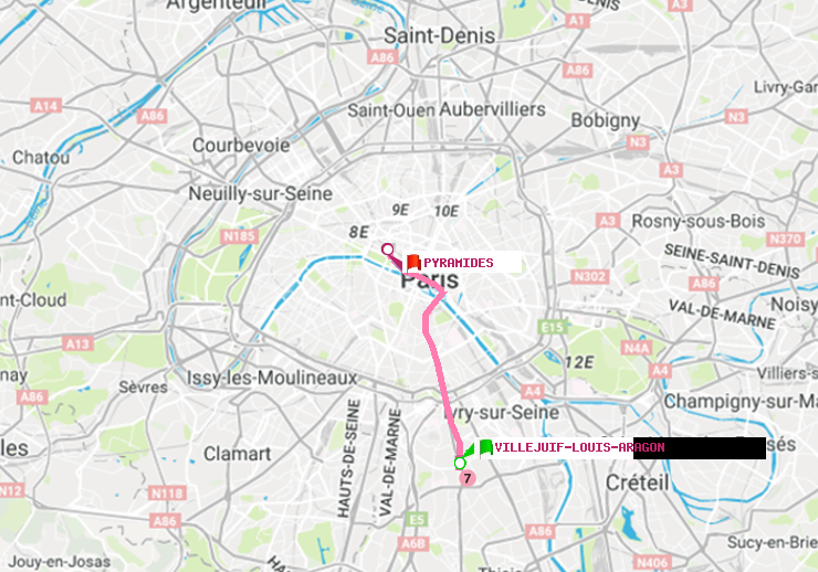 plan itinéraire ratp de Villejuif-Louis Aragon à Pyramides