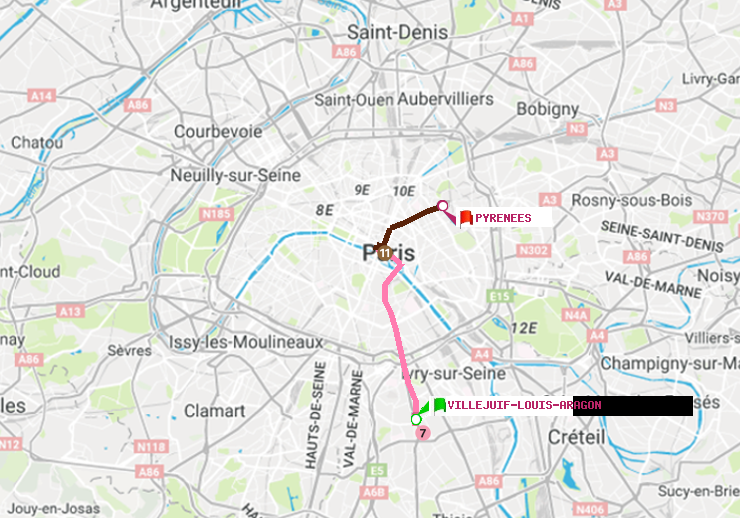 plan itinéraire ratp de Villejuif-Louis Aragon à Pyrenees