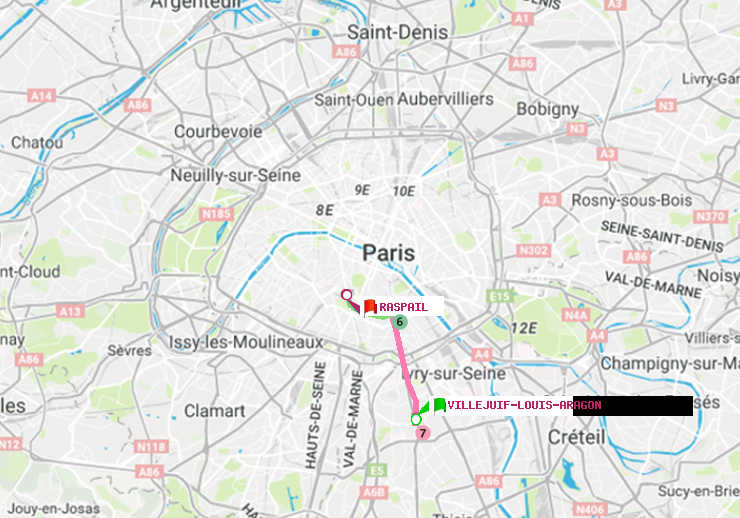 plan itinéraire ratp de Villejuif-Louis Aragon à Raspail