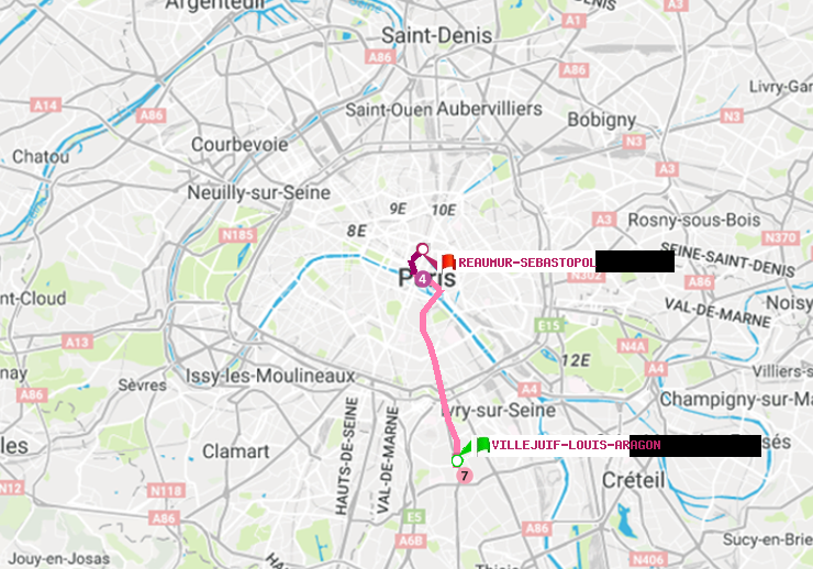 plan itinéraire ratp de Villejuif-Louis Aragon à Réaumur-Sébastopol