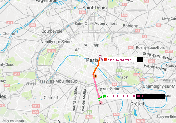 plan itinéraire ratp de Villejuif-Louis Aragon à Richard-Lenoir