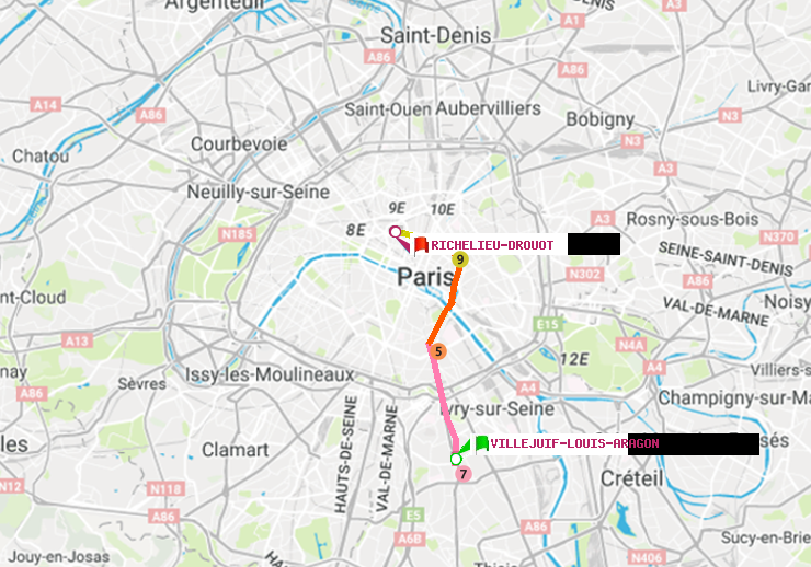 plan itinéraire ratp de Villejuif-Louis Aragon à Richelieu-Drouot