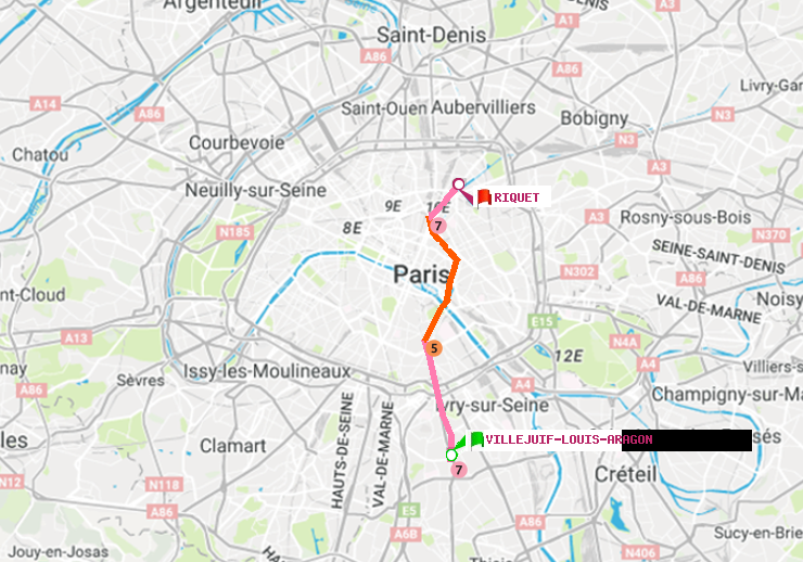 plan itinéraire ratp de Villejuif-Louis Aragon à Riquet