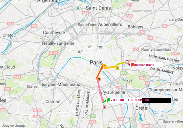 plan itinéraire ratp de Villejuif-Louis Aragon à Robespierre