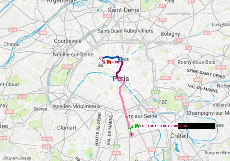 plan itinéraire ratp de Villejuif-Louis Aragon à Rome