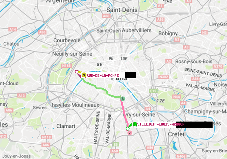 plan itinéraire ratp de Villejuif-Louis Aragon à Rue de la Pompe (Avenue Georges Mandel)