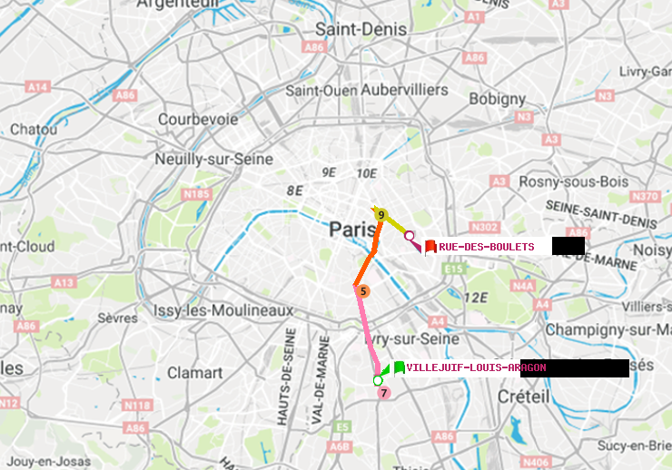 plan itinéraire ratp de Villejuif-Louis Aragon à Rue des Boulets