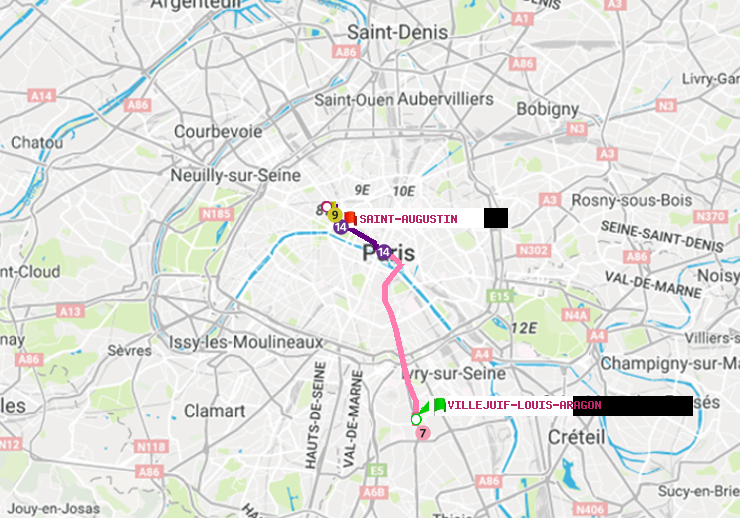 plan itinéraire ratp de Villejuif-Louis Aragon à Saint-Augustin