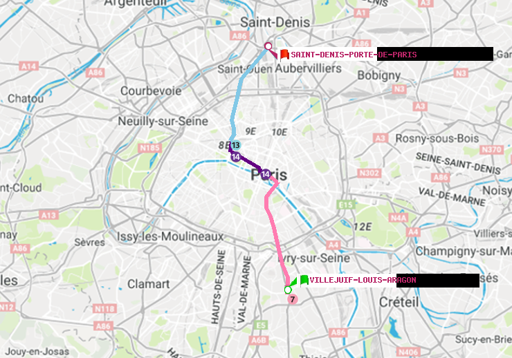 plan itinéraire ratp de Villejuif-Louis Aragon à Saint-Denis-Porte de Paris